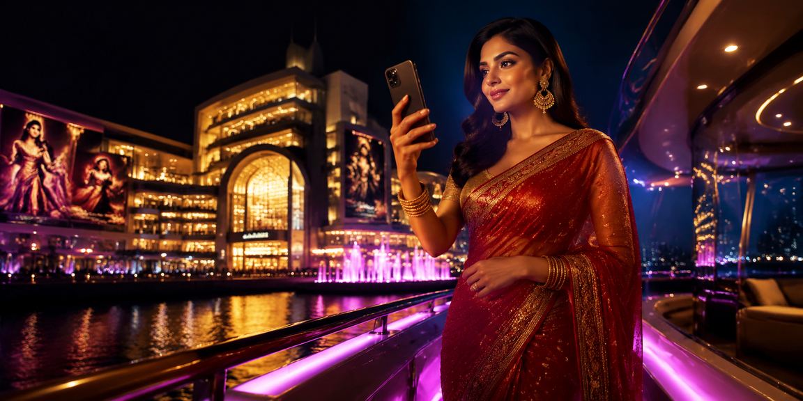 Indian woman using casino app on mobile phone in saree