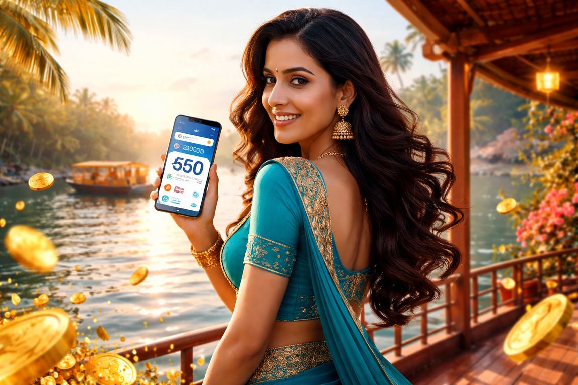 User making mobile payment via UPI in Kerala traditional attire